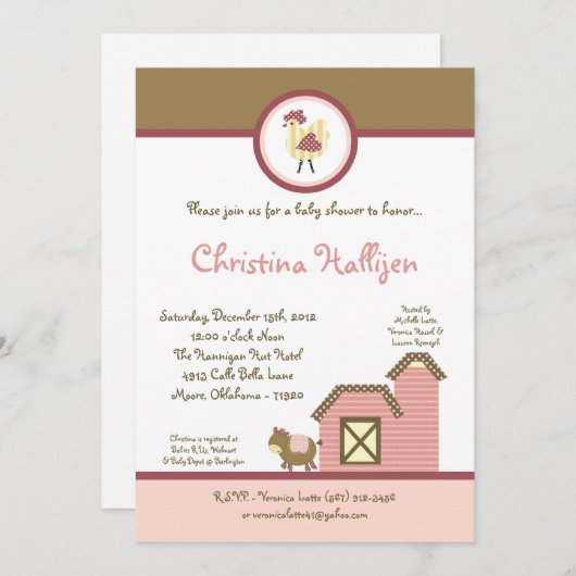 5x7 Abby's Farm Girl Barn Baby shower Invitation (Devant / Derrière)