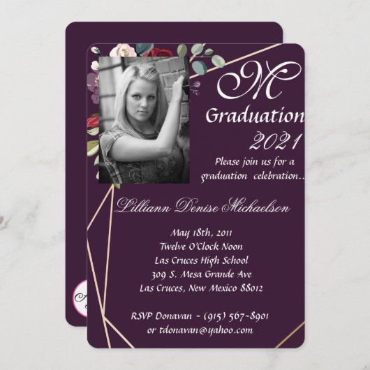 5x7 Afstuderen deel uitnodiging pruim Paarse Rozen (Voorkant / Achterkant)