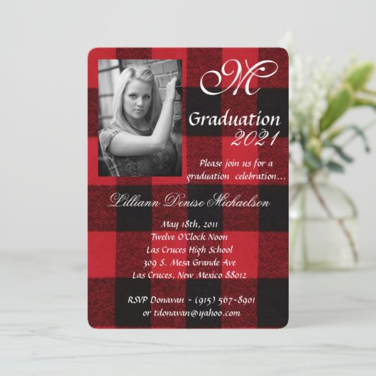 5x7 Afstuderen Part Invitation Red Buffalo Plaid Kaart (Staand voorkant)