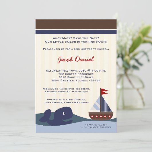 5x7 Ahoy Mate Sailboat Whal Birthday Invitation Save The Date (Staand voorkant)