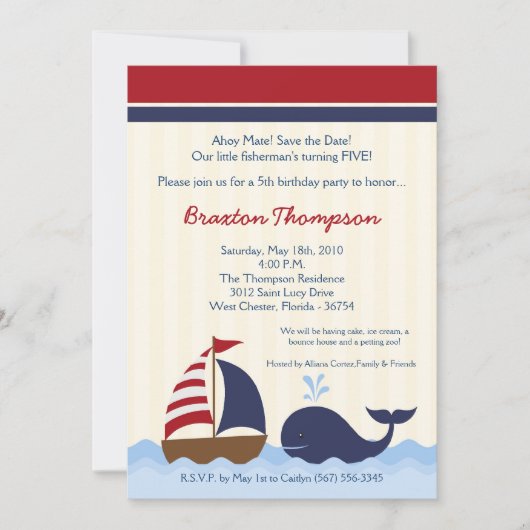 5x7 Ahoy Nautical Whale Boat Birthday Invitation (Devant)