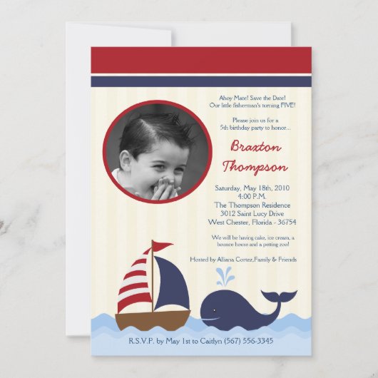 5x7 Ahoy Nautical Whale Boat Birthday Uitnodiging (Voorkant)