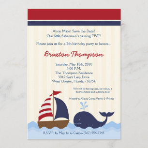 5x7 Ahoy Nautical Whale Boat Birthday Uitnodiging