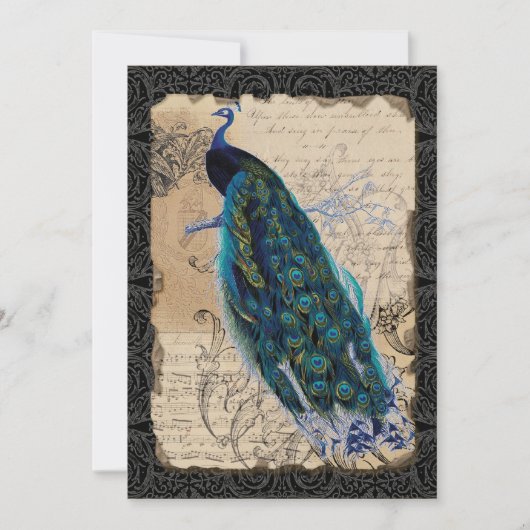 5x7 Ancient Peacock Save the Date Cards Black Tan (Voorkant)