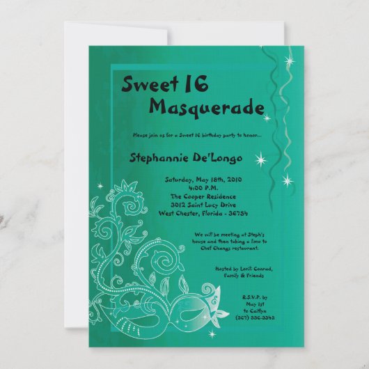 5x7 Aqua Masquerade Sweet 16 Birthday Uitnodiging (Voorkant)