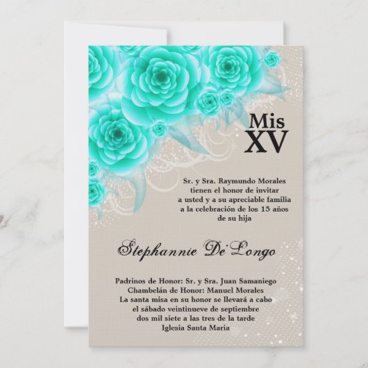 5x7 Aqua Roses Quinceanera Invitation d'anniversai (Devant)