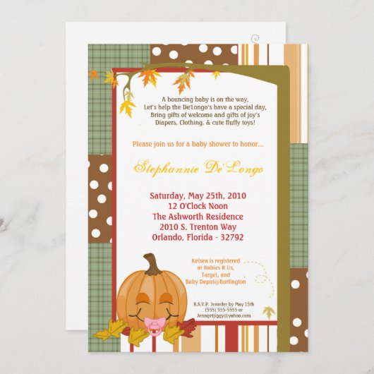 5x7 Automne Citrouille Invitation Baby shower (Devant / Derrière)