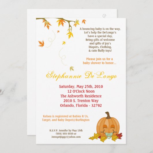 5x7 Automne Citrouille Invitation Baby shower (Devant / Derrière)