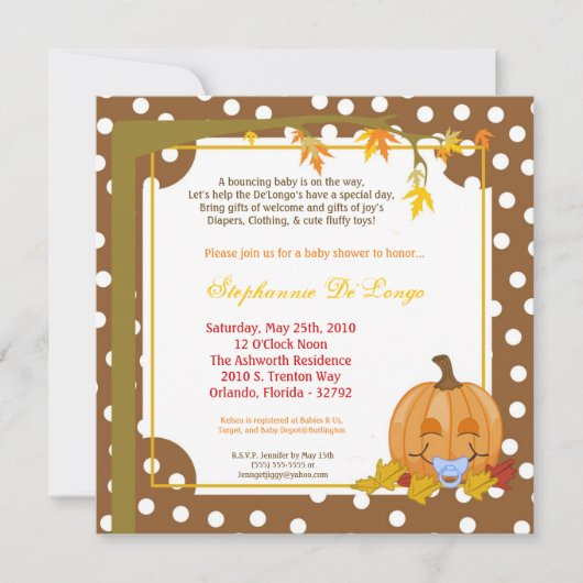5x7 Automne Citrouille Invitation Baby shower d'au (Devant)