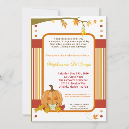 5x7 Automne Citrouille Invitation Baby shower d'au (Devant)
