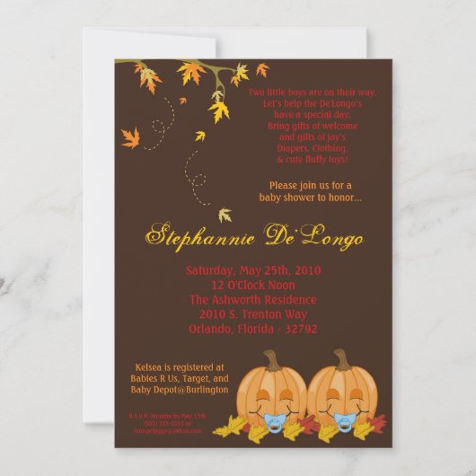 5x7 Automne Leaves TWIN Boy Baby shower Invitation (Devant)