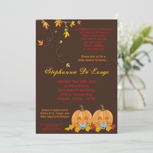 5x7 Automne Leaves TWIN Boy Baby shower Invitation (Debout devant)