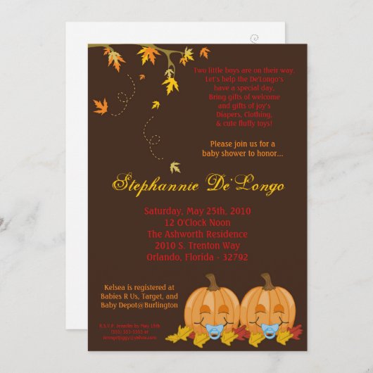 5x7 Automne Leaves TWIN Boy Baby shower Invitation (Devant / Derrière)