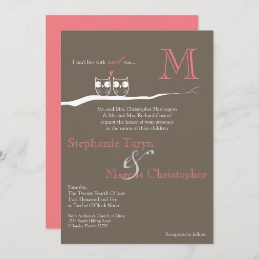 5x7 avec le hibou vous faire-part de mariage de (Devant / Derrière)