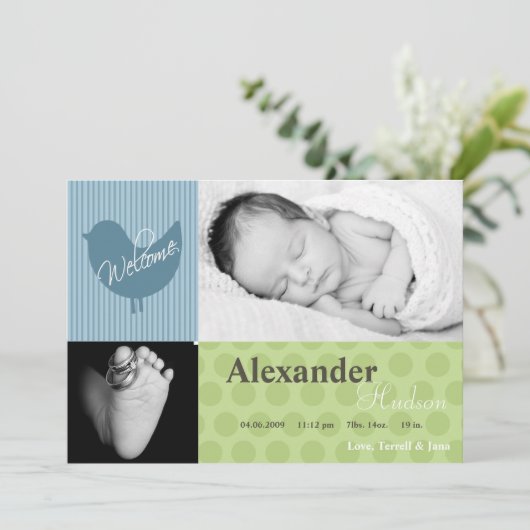 5x7 Baby Boy Blue Bird Photo Faire-part de naissan (Debout devant)