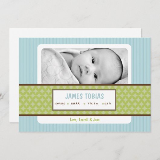 5x7 Baby Boy Blue Green Photo Faire-part de naissa (Devant / Derrière)