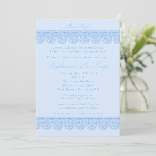 5x7 Baby Boy Blue Lace Baby shower Uitnodiging (Staand voorkant)