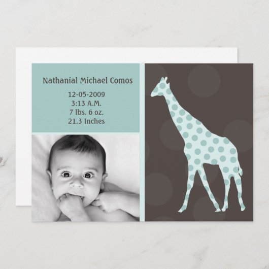 5x7 Baby Boy BlueGiraffe Foto Aankondiging Geboort (Voorkant / Achterkant)