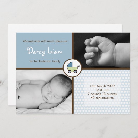 5x7 Baby BoyBlue Stroller Faire-part de naissance (Devant / Derrière)