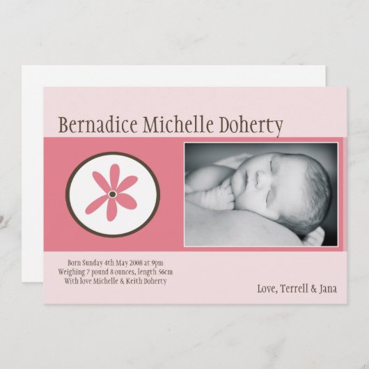5x7 Baby Girl Pink Flower Photo Faire-part de nais (Devant / Derrière)