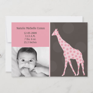 5x7 Baby Girl Pink Giraffe Faire-part de naissance