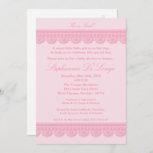 5x7 Baby Girl Pink Lace Baby shower Invitation (Devant / Derrière)