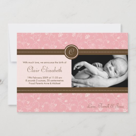 5x7 Baby Girl Rose Floral Photo Faire-part de nais (Devant)