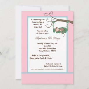 5x7 Baby shower de singe rose Invitation