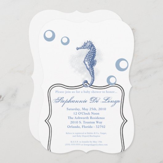 5x7 Baby shower Invitation Seahorse Ocean Beach (Devant / Derrière)