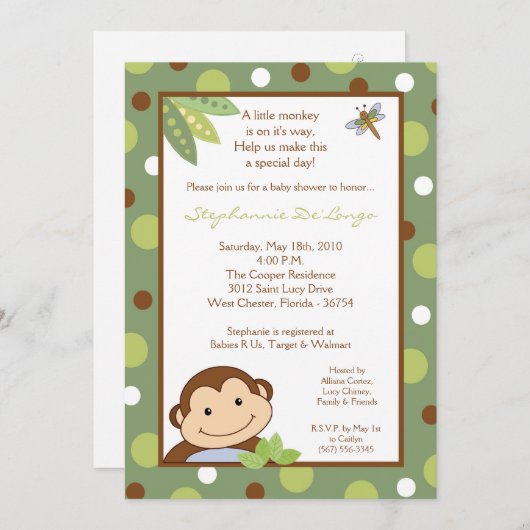 5x7 Baby shower Papagayo Monkey Safari Invitation (Devant / Derrière)