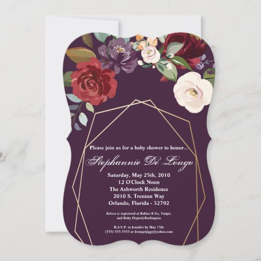 5x7 Baby shower Uitnodigingsplum Paarse Rozen Goud Kaart (Voorkant)