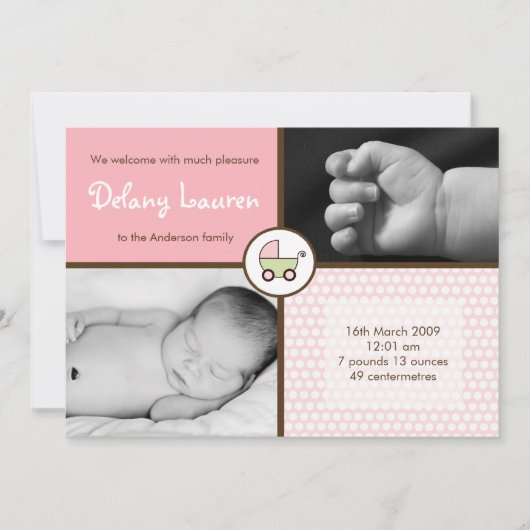 5x7 BabyGirlPink Stroller Fotogeboorteaankondiging Aankondiging (Voorkant)