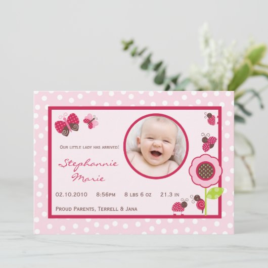 5x7 Berry Garden Lady Bug Faire-part de naissance (Debout devant)
