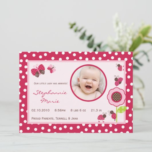 5x7 Berry Garden Lady Bug Foto geboorteaankondigin Aankondiging (Staand voorkant)