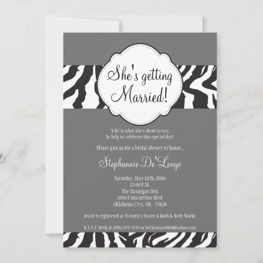 5x7 Blac Grey Zebra Stripe Brida Shower Invitation (Devant)