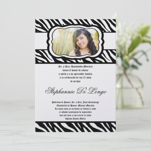 5x7 Blac Zebra Print Patter Quinceanera Uitnodigin Kaart (Staand voorkant)