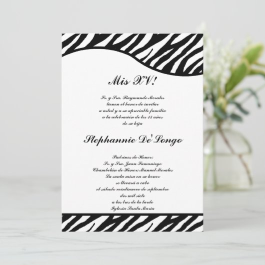5x7 Black and White Zebra Quinceanera Party nodigt Kaart (Staand voorkant)