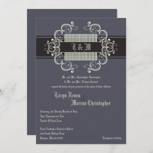 5x7 Black Cravate Affic Grey Linen Faire-part de m (Devant / Derrière)