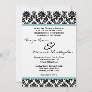 5x7 Black Damask Blue Linen Wedding Invitation