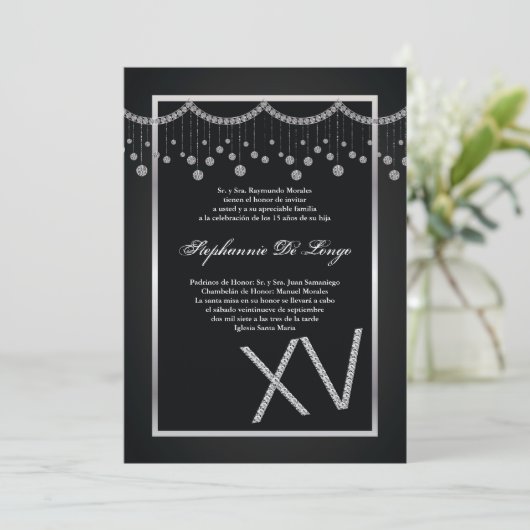 5x7 Black Diamond Quinceanera Verjaardag Uitnodigi Kaart (Staand voorkant)