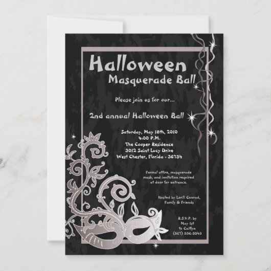 5x7 Black Masquerade Halloween Ball Invitation (Devant)