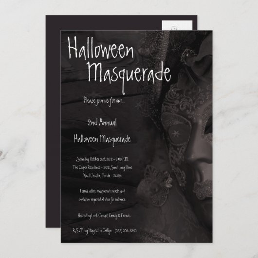 5x7 Black Masquerade Halloween Costume Invitation Kaart (Voorkant / Achterkant)