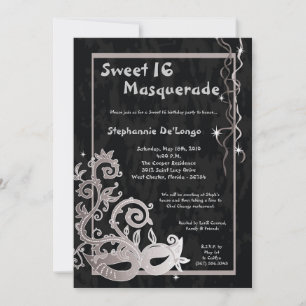 5x7 Black Masquerade Sweet 16 Invitation anniversa