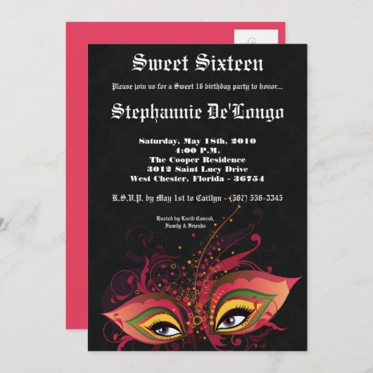 5x7 Black Masquerade Sweet 16 Invitation anniversa (Devant / Derrière)