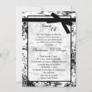5x7 Black Toile Fabric Quinceanera Invitation
