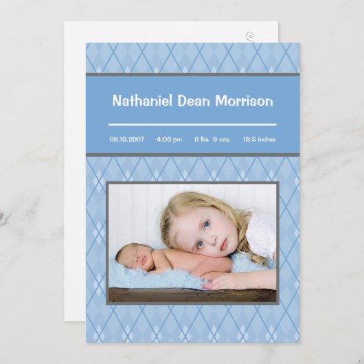 5x7 Blauw Argyle Patroon Foto Aankondiging Geboort (Voorkant / Achterkant)