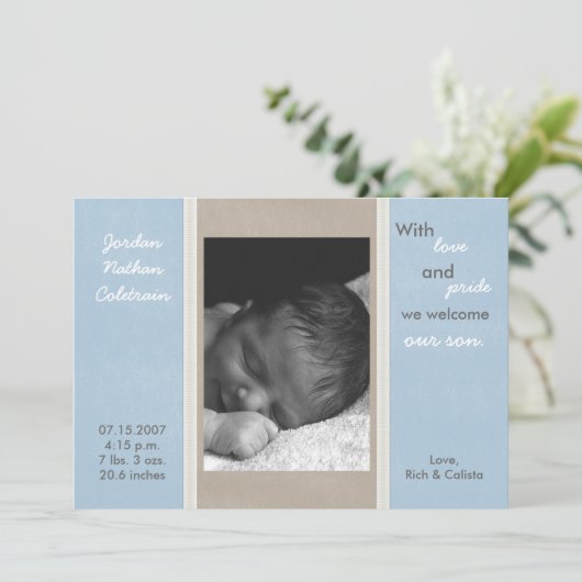 5x7 blauw grijs lint band foto geboorte aankondigi aankondiging (Staand voorkant)