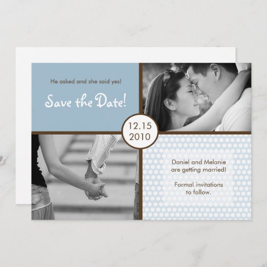 5x7 Blauwe Polkadot Foto Bewaar de datum aankondig Kaart (Voorkant / Achterkant)