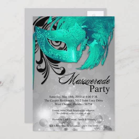5x7 Blauwgroen Masquerade Sweet 16 Verjaardagsuitn Kaart (Voorkant / Achterkant)