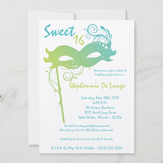 5x7 Blauwgroen Masquerade Sweet 16 Verjaardagsuitn Kaart (Voorkant)